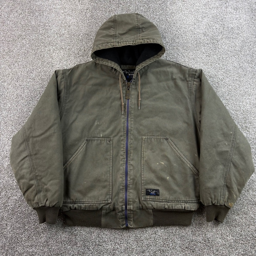 Vintage Walls Workwear Jacket Mens XL Olive Green Cotton Canvas Hooded Fleece